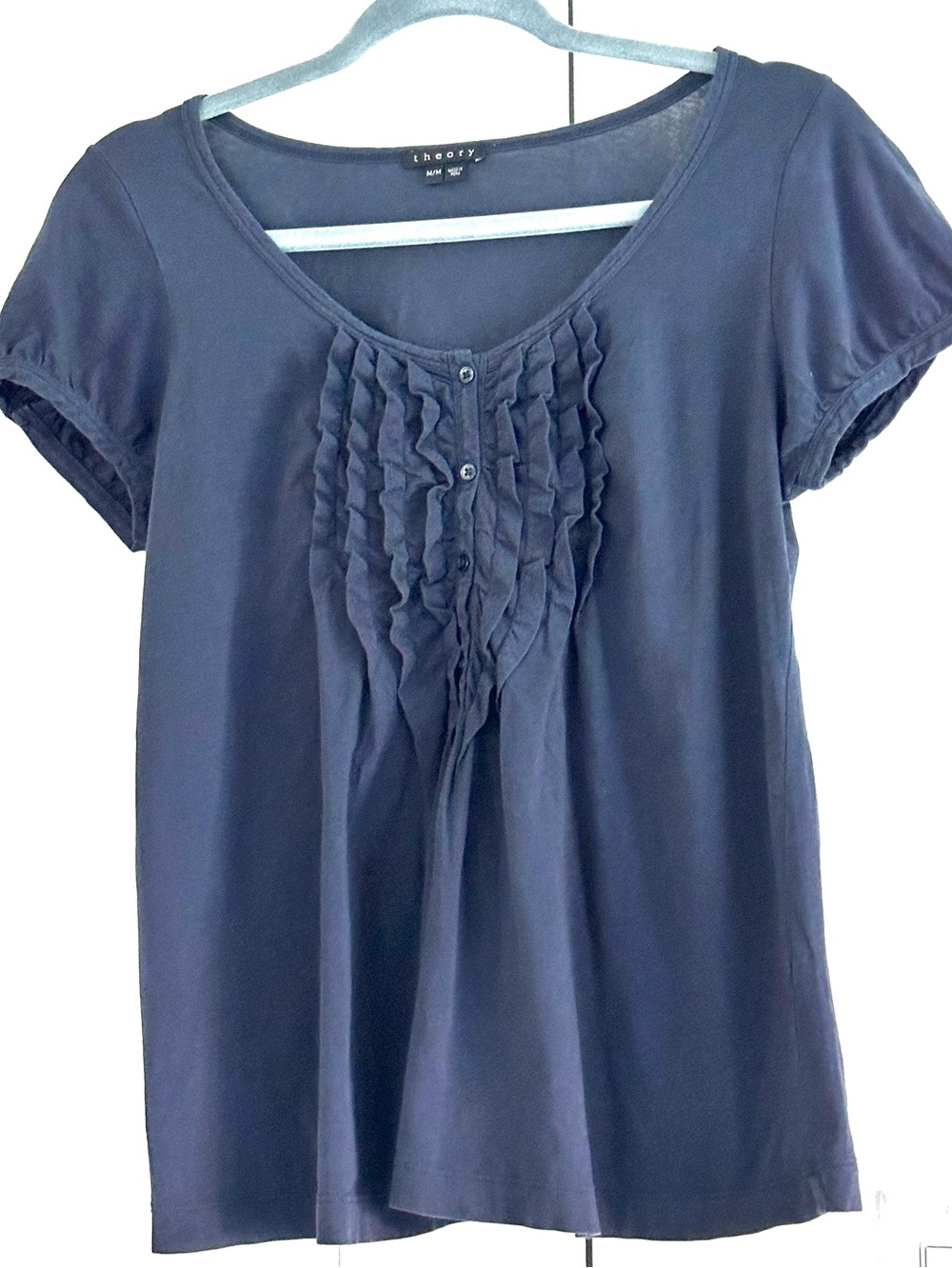 Theory Navy Blue Ruffle Front Puff Sleeve Balletcore Feminine Top M - Picture 8 of 8